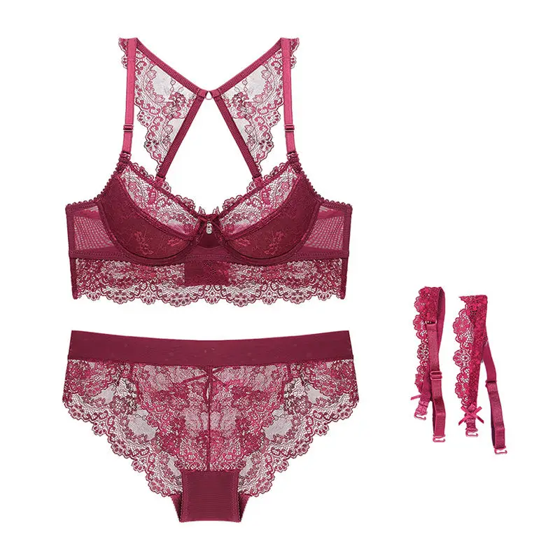 Wine Red Varsbaby сексуальный кружевной комплект нижнего белья бюстгальтер+ трусики+ y-образные ремни 3 шт. ABCD чашки для женщин - Цвет: Wine Red