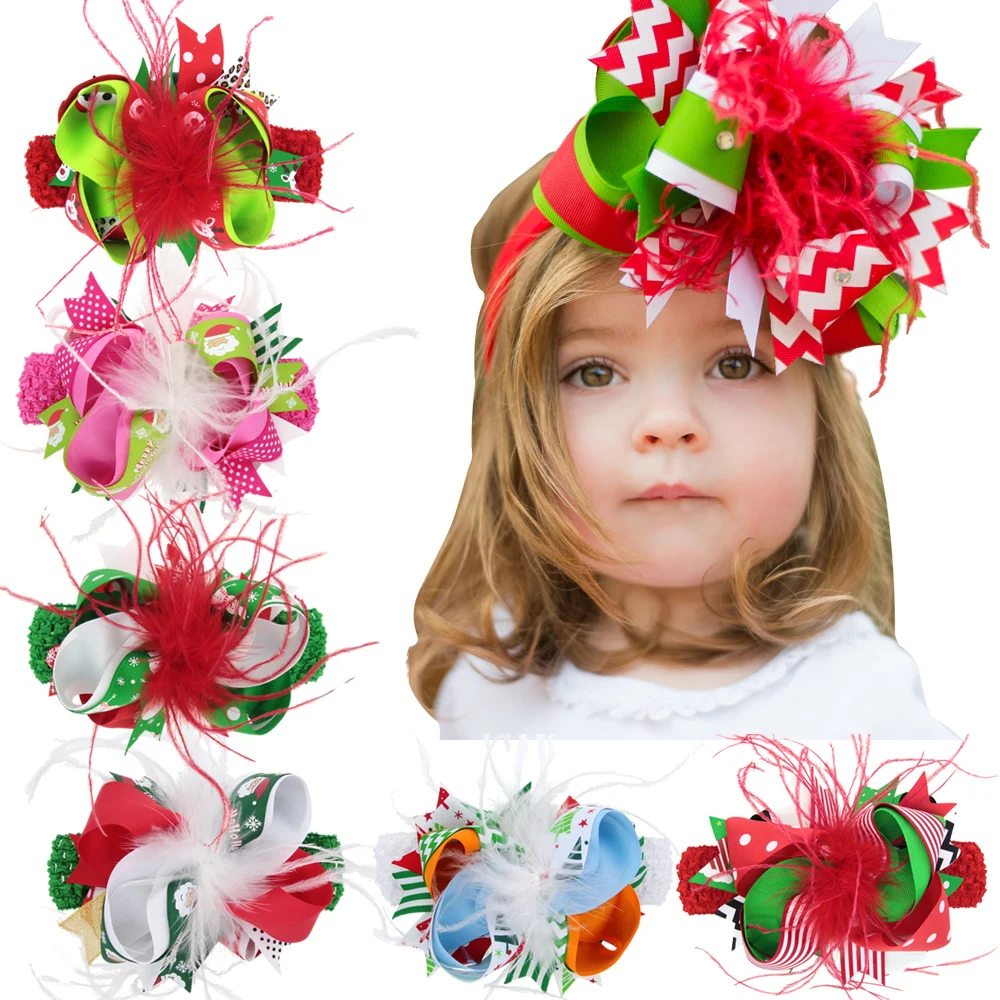 

Christmas gift Boutuique Christmas headwear Accessories feather Christmas hair bows headband