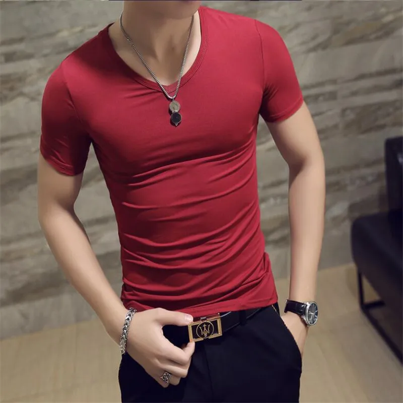 2019 Новый стиль Модные летние топы мужские футболки с коротким рукавом v-образным