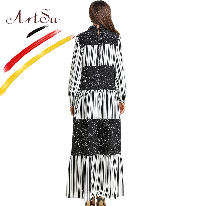 

ArtSu Fashion Patchwork M-4XL Plus Size Vestidos Women Spring Ruffle Long Sleeve Polka Dots Swing Maxi Dress Elegant Robe Femme
