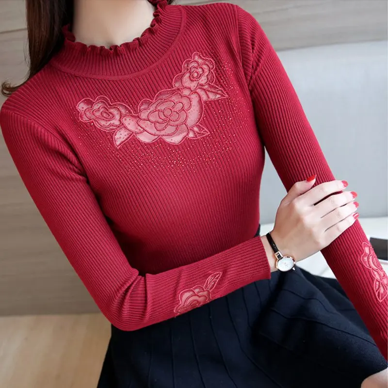 Women Pullovers 2019 Autumn Fashion Flower Lace Patchwork Pullover Sweaters Mujer Casual Long Sleeve Diamond Knitted Pull Femme | Женская