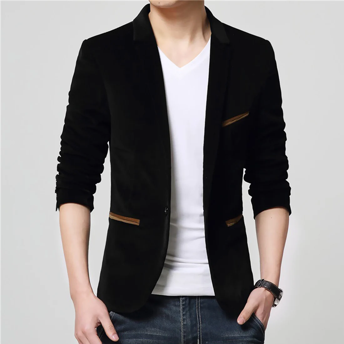 Мужские куртки черные красные с одной пуговицей для фитнеса вельветовые длинным