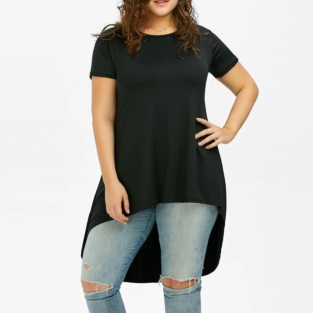 FREE OSTRICH 5XL Women Plus Size Black O-Neck Short Sleeve Asymmetric Retro T-Shirt Tops vintage women clothes 2019 | Женская одежда