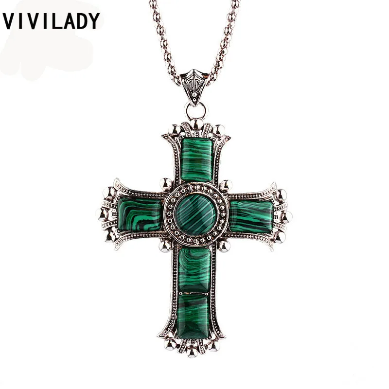 Модный vivilady Зеленый Малахит Камень длинная цепь крест подвески ожерелья для