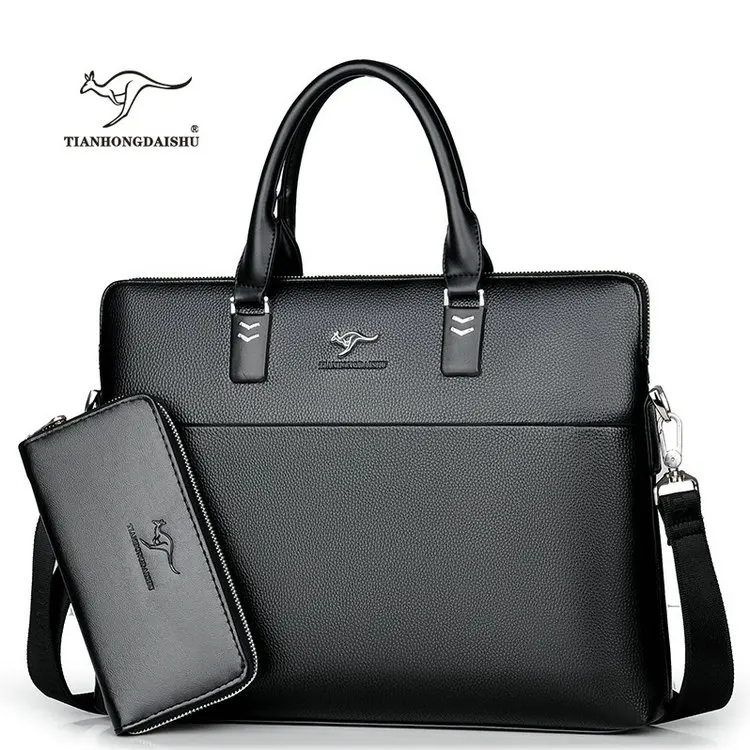 Black with wallet TIANHONGDAISHU мужской повседневный портфель, деловые кожаные сумки через плечо, сумка для компьютера, ноутбука, мужские дорожные сумки, сумки - Цвет: Black with wallet