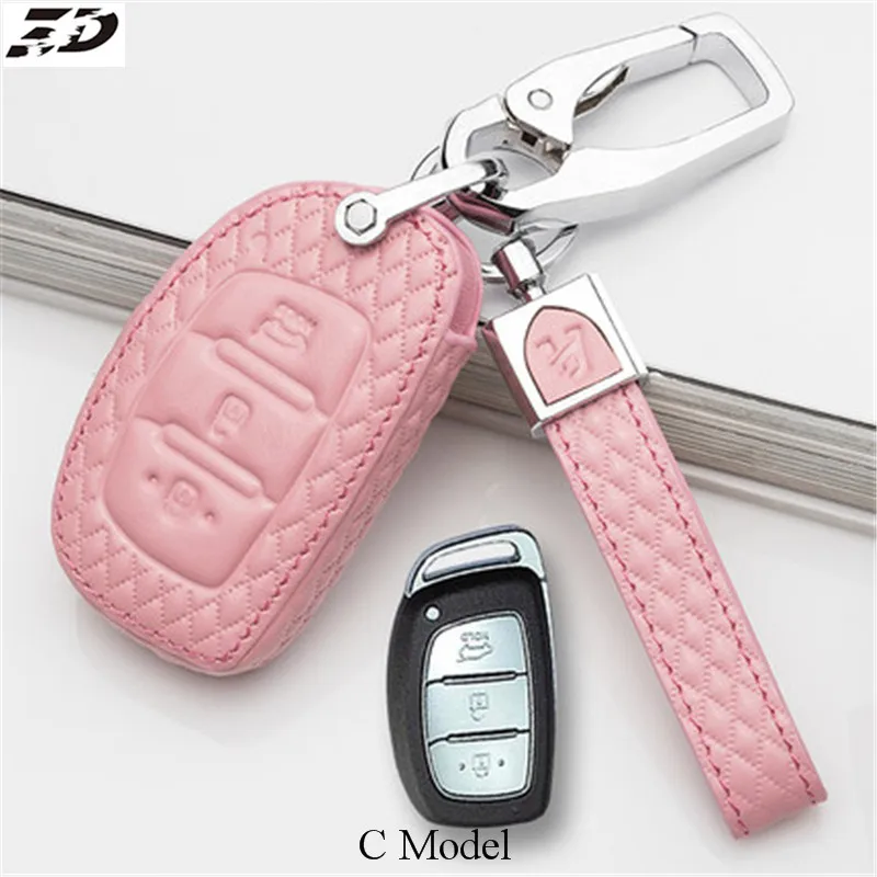 C Model Pink Натуральная кожа чехол для ключа автомобиля hyundai creta solaris i10/hyundai solaris santa fe elantra tucson verna/hyundai ix35 i40 - Название цвета: C Model Pink