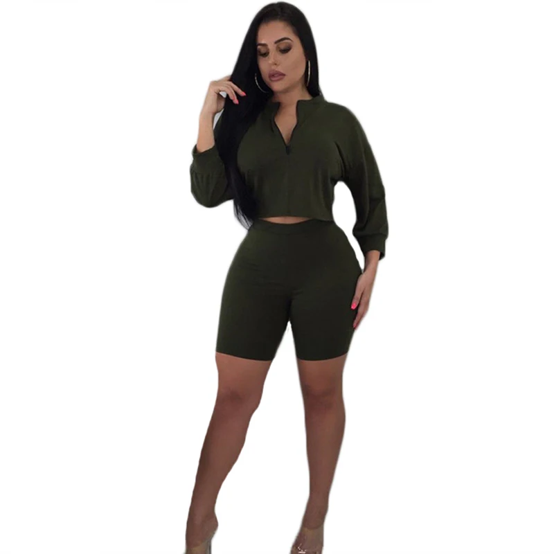 2018 модная женская одежда для фитнеса футболка на молнии укороченный топ шорты с