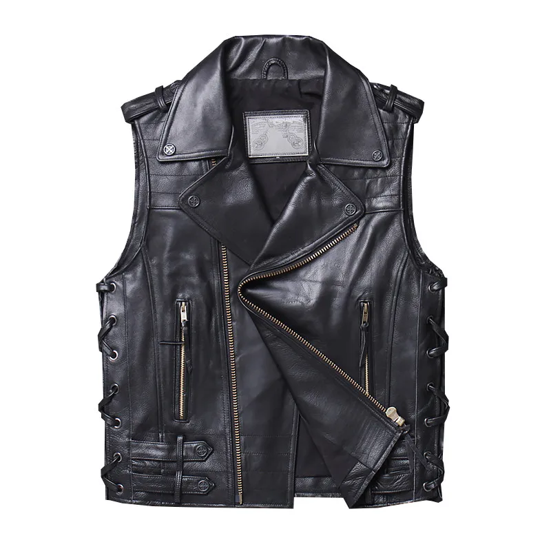 

New Stylish Genuine Leather Vests Men Real Sheepskin Motorcycle Waistcoats Vest Jacket Casual Punk Hip Hop Male Biker Gilet