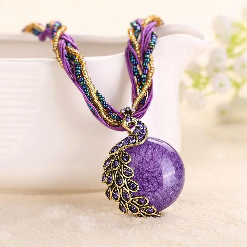 YAAYOO Newest Colorful Rhinestone Gem Peacock Statement Necklace Pendant Women Summer Style Fashion Jewelry For Gift Party | Украшения и