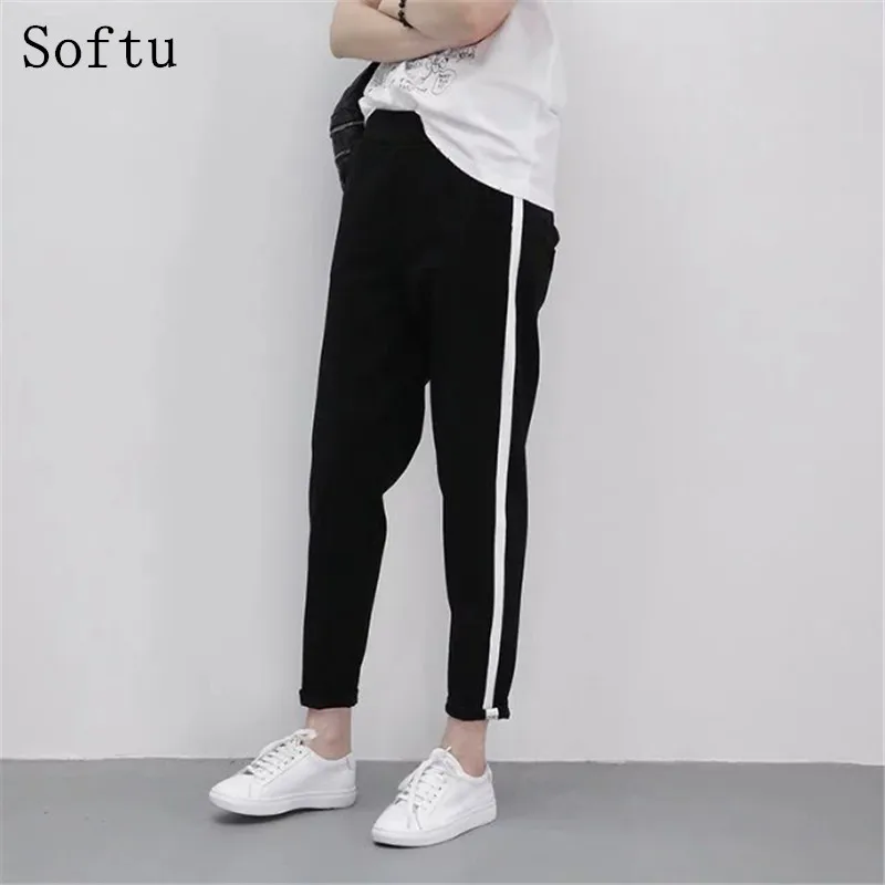 Женские повседневные штаны-шаровары Softu черные свободные штаны в полоску |