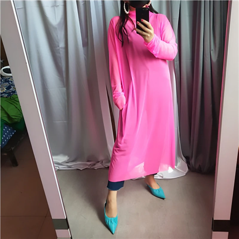 [EAM] New Autumn Winter High Collar Long Sleeve Black Mesh Perspective Colorful Long Big Size Dress Women Fashion JU790