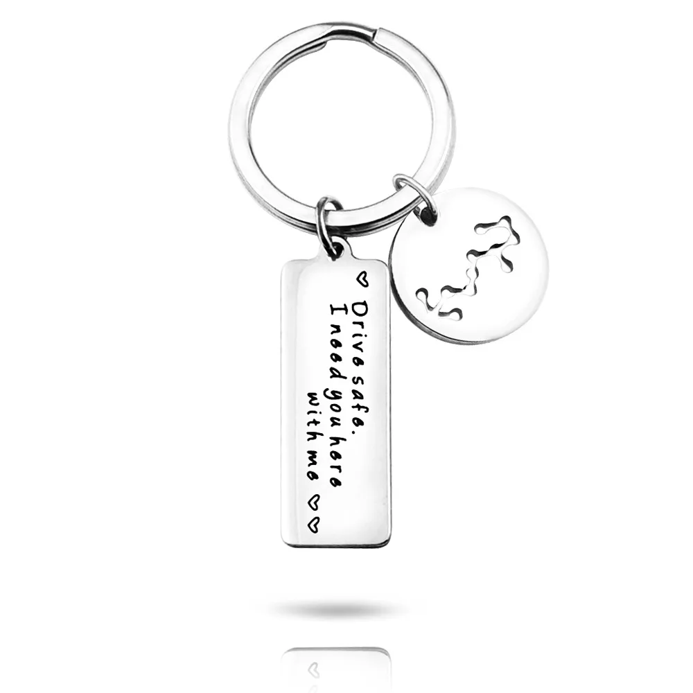 12 constellations Keyring Gifts Engraved Drive safe i need you here with me Keychain Stainless Steel Car keychain Pendant | Украшения и