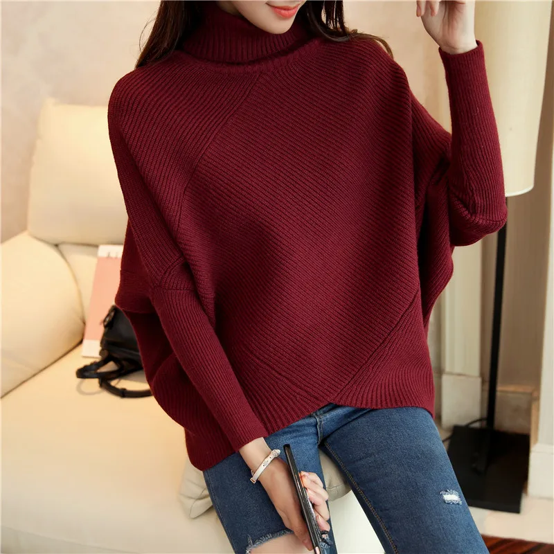 Autumn Winter Loose Bat Sleeve knit Sweater Pullover Women Contrast Color Turtleneck Knitted Sweaters And Pullovers Female Tops | Женская