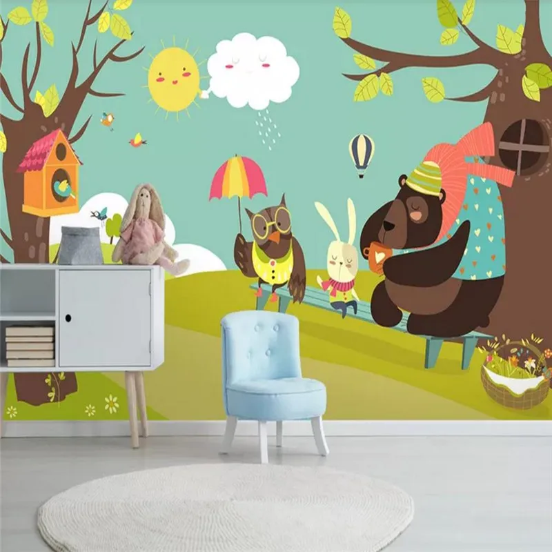 Custom wallpaper Nordic simple cartoon cute animal big bear forest children's room wall - high quality silk cloth 