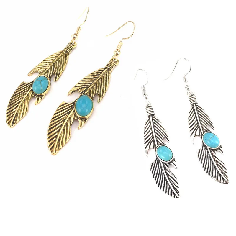 

Lot 2 Pairs Bead Retro Gold / Silver Metal Feather Shape Dangle Earring Drop Earrings For Gift Jewelry