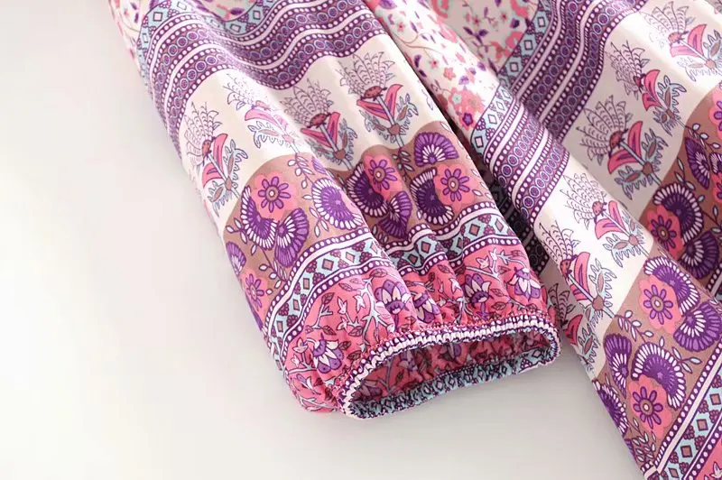 Boho chic happie женское розовое Цветочное платье с длинным рукавом, кисточками и оборками, Пляжное богемное мини-платье, женское Свободное платье с v-образным вырезом, вискозное платье