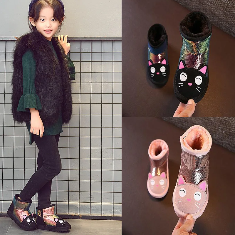Зимняя обувь для девочек с милым рисунком кота и блестками плюшевые ботинки до 3
