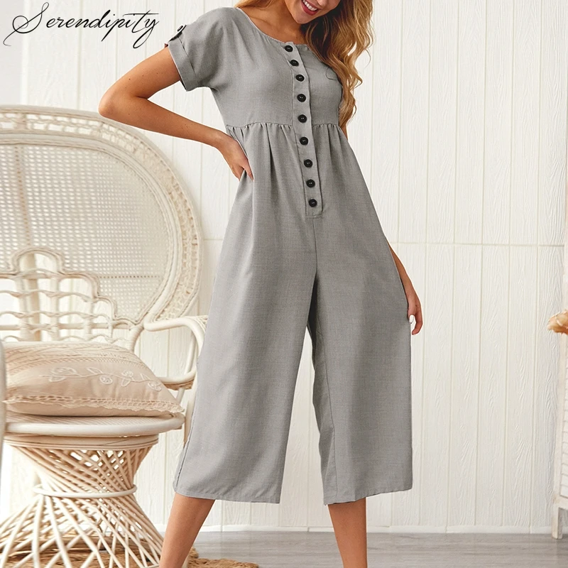 SRDP Однотонный женский комбинезон с круглым вырезом и пуговицами богемный