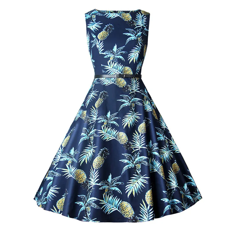 HeyGalSing/летнее женское платье с принтом ананаса темно синее в стиле ретро круглым