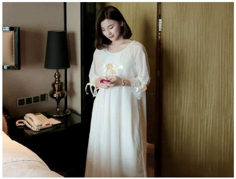 Autumn Summer White Silk Cotton 2- Pics Women's Long Nightgowns Elegant Sweet Princess Royal Loose Plus Size Sleepwear 5589