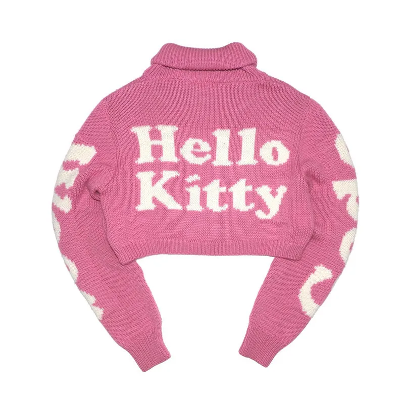 women turtleneck kitty crop sweater fashion character sweet sexy short knit top long sleeve cartoon pink 2019 pullover | Женская одежда