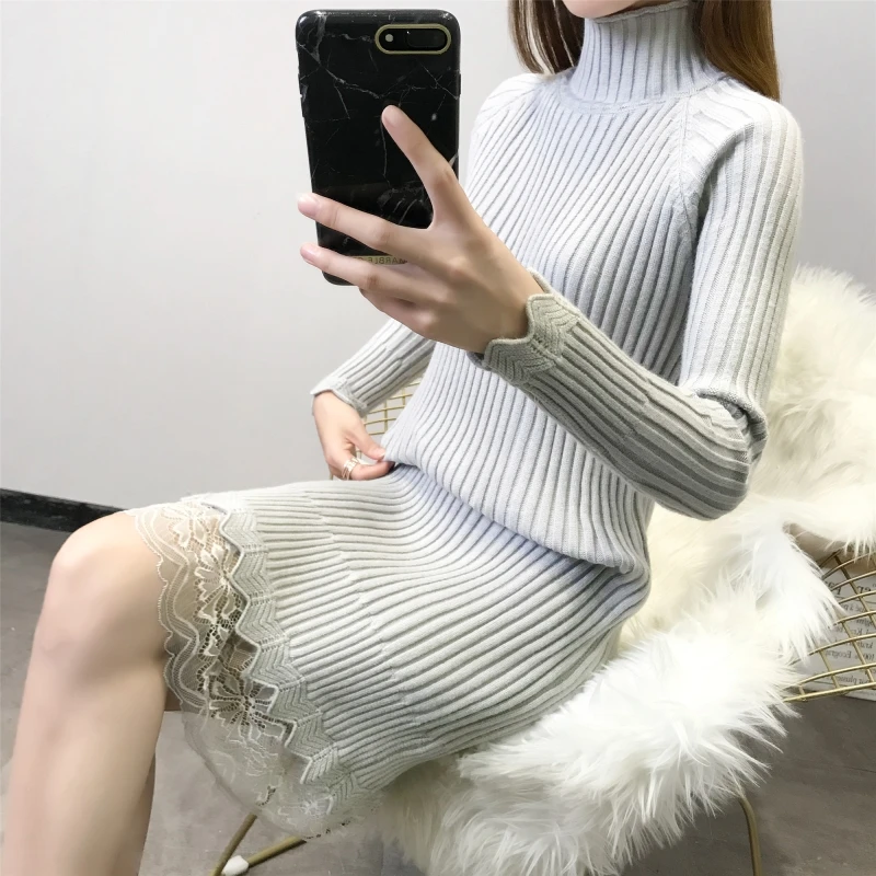 Lace Patchwork Knitted Cotton Sweater Dresses Bottom Knitwear Women Vintage Loose Turtleneck Pullover Femme LJ0930 | Женская одежда