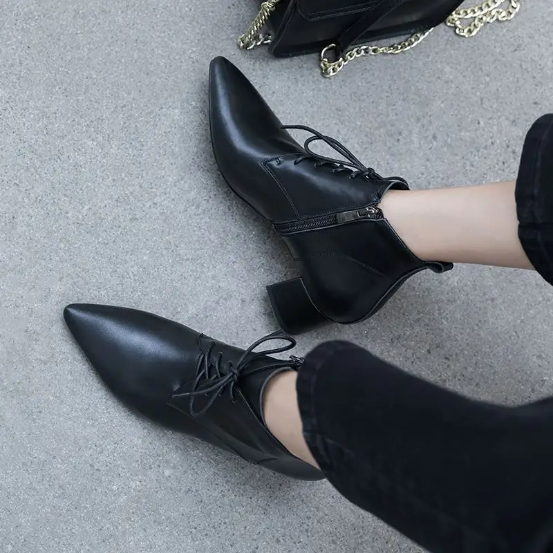 ALLBITEFO fashion retro genuine leather pointed toe high heels women boots ankle boots for women leather boots girls shoes