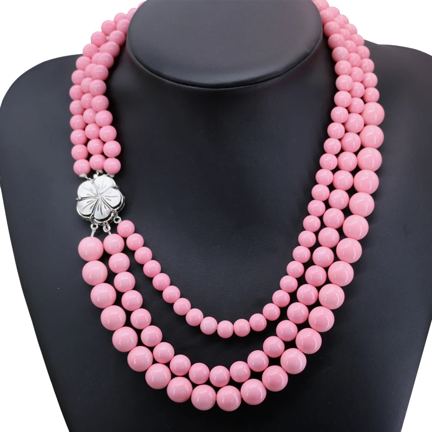 

Original diy pink artificial coral round beads necklace for women 3 row shell clasp chain necklace jewelry 17-19inch B2917