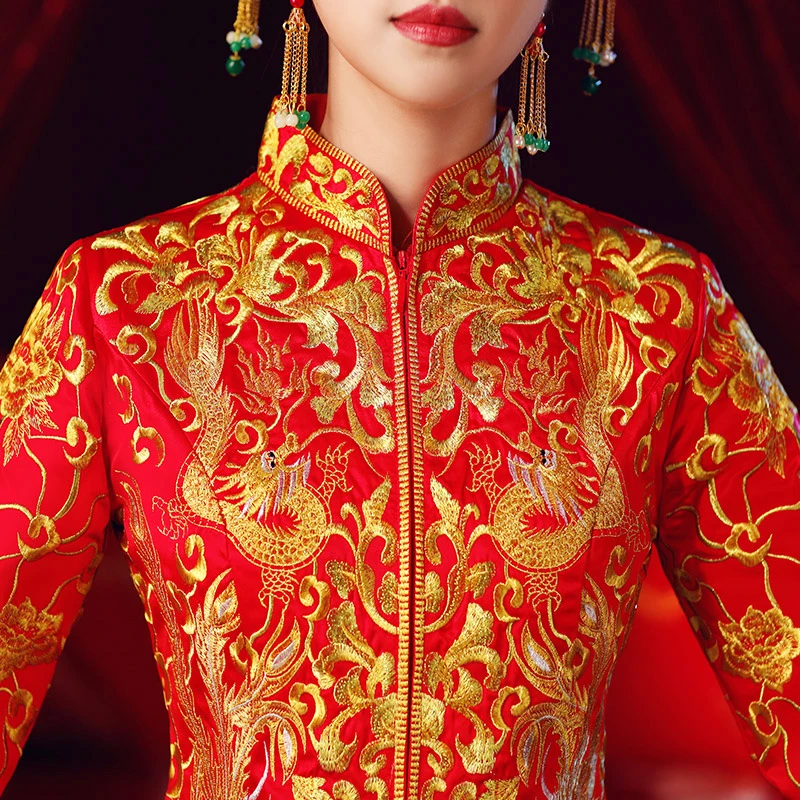 

Bride Embroidery Cheongsam Vintage Chinese Style Wedding Dress Retro Toast Clothing Lady Phoenix Gown Marriage Qipao red Clothes