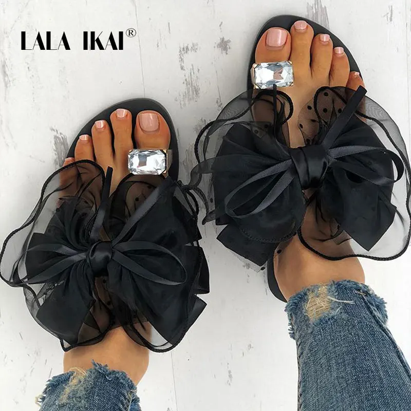 LALA IKAI/женские шлепанцы в горошек с бантом бабочкой летние пляжные модная обувь на