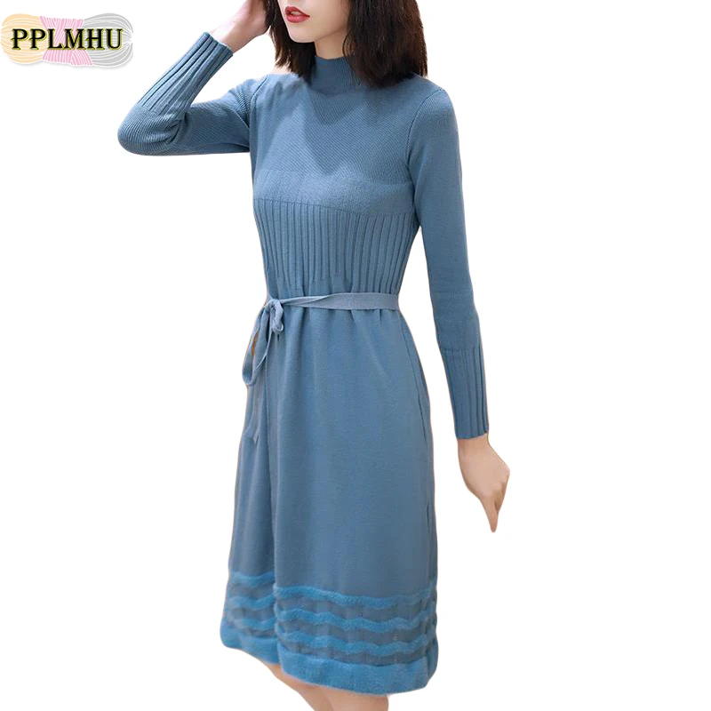 Осенне-зимнее женское платье-свитер высокого качества с длинным рукавом