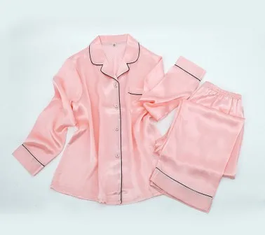 

New silk pajamas, women's long sleeve trousers, 100% silk shirts, lapel pink silk home clothes 6