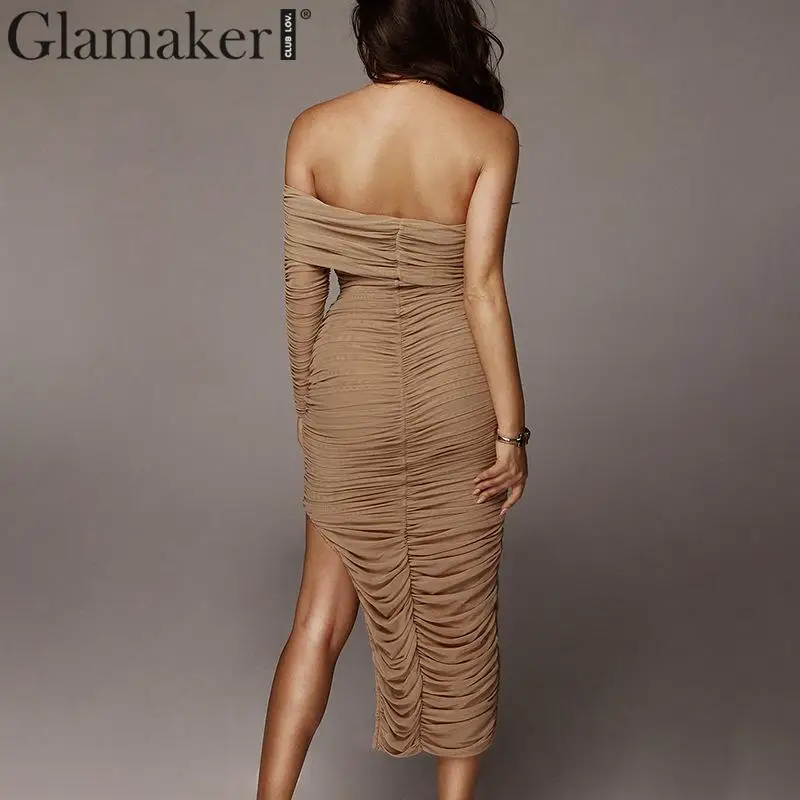 Glamaker плиссированное платье без бретелек нерегулярное сексуальное женское летнее платье с разрезом с одним рукавом облегающее женское элегантное для вечеринки и клуба Макси платье