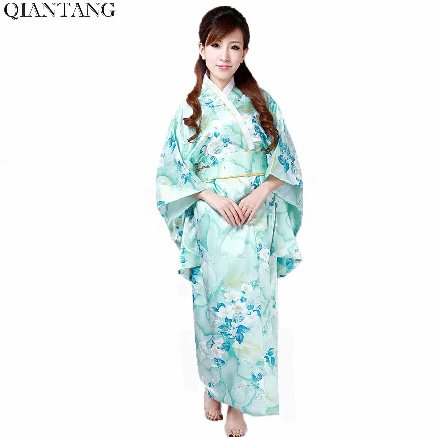 

Светло-синее женское кимоно Haori Obi Yukata, традиционное японское сатиновое вечернее платье из искусственного шелка с цветами, один размер, H0047