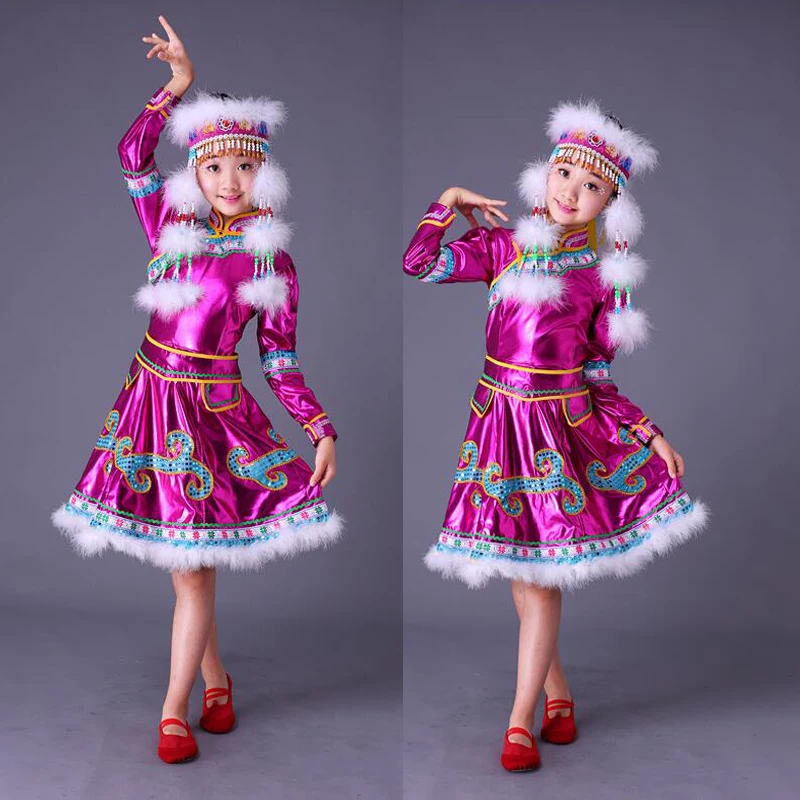 

With hat national dance costumes girls Sinkiang clothing Kids chinese mongolia clothes for children festive costume drum dance