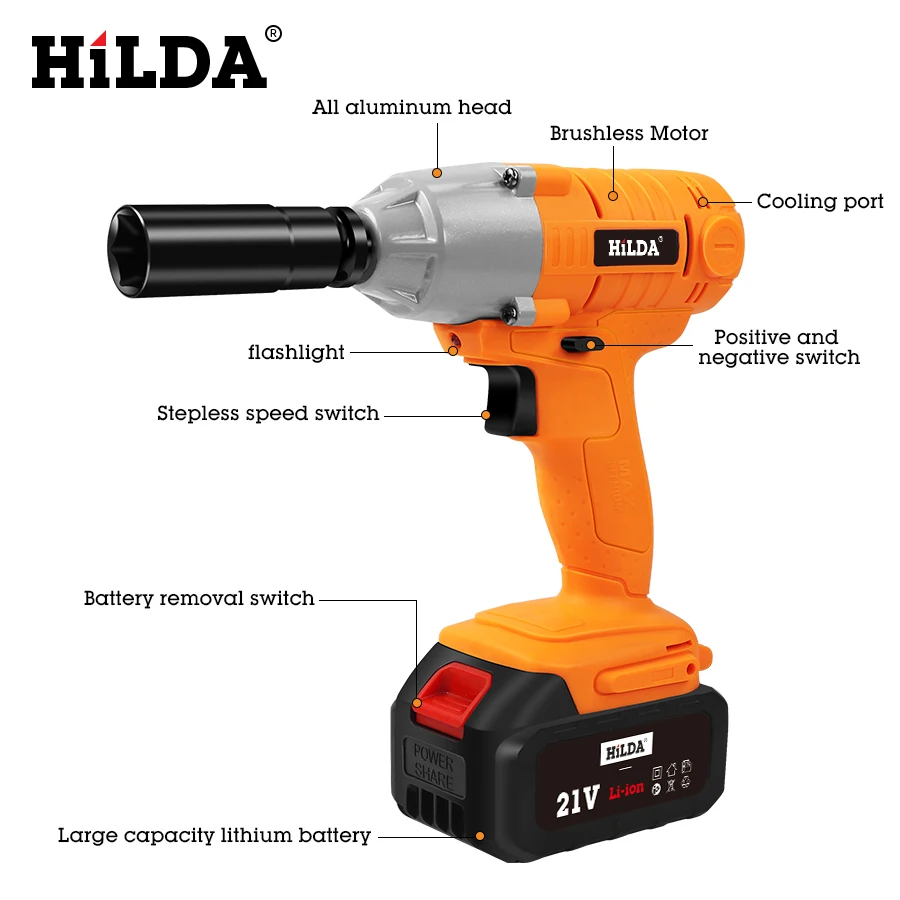 HILDA Аккумуляторный ударный гайковерт 21 в безщеточный торцевой гаечный ключ