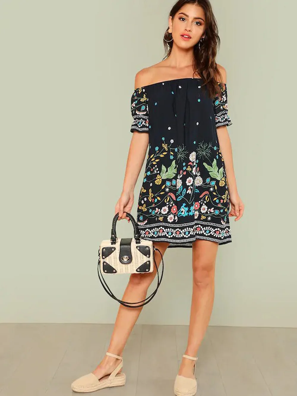 Женское пляжное платье с открытыми плечами Пляжное цветочным принтом и Vestidos De