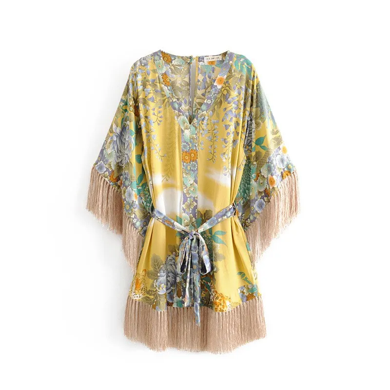 Women V Neck Tassel Maxi Dress Floral Print Loose Kimono Knee Length Lace Up Casual | Женская одежда