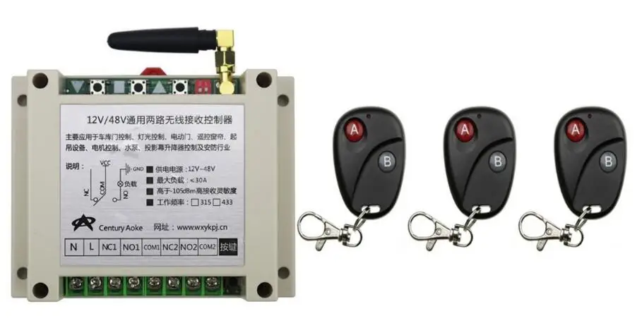 

2017 Новый DC12V 24V 36V 48V 10A 2CH 2channe радиочастотный беспроводной, 3 X передатчик + 1 X приемник, 315/433 MHZ