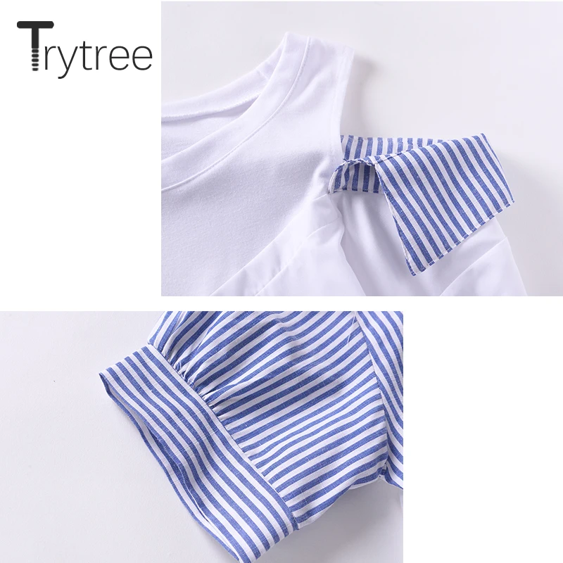 Trytree Летняя женская полосатая блузка, повседневная полиэфирная хлопковая рубашка, рукав до локтя, пэчворк, карманы, круглый ворот, офисные женские топы, рубашки