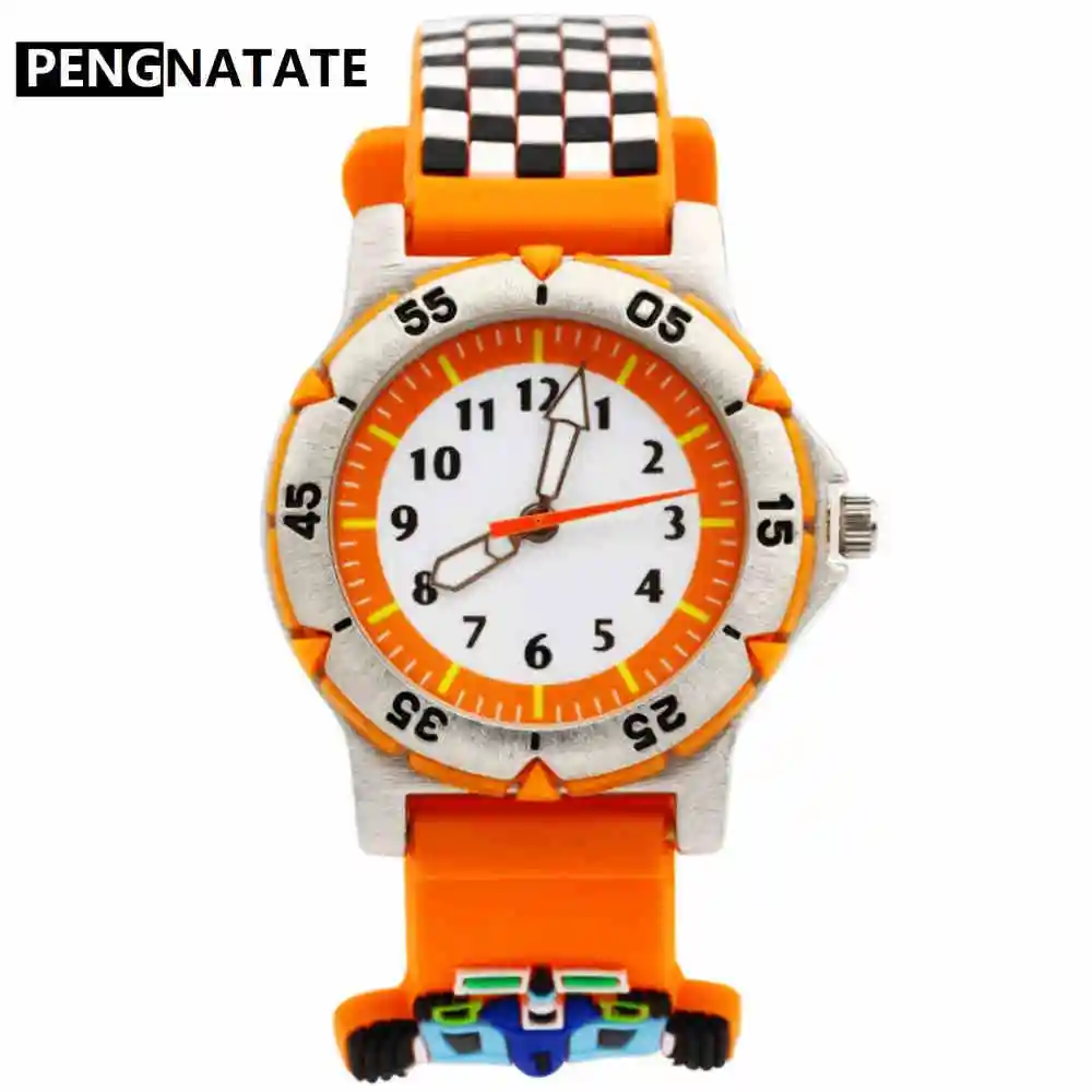 orange PENGNATATE детские часы модный гоночный автомобиль силиконовый ремешок 3D мультфильм браслет наручные часы для студентов подарки Детские часы для мальчика - Цвет: orange