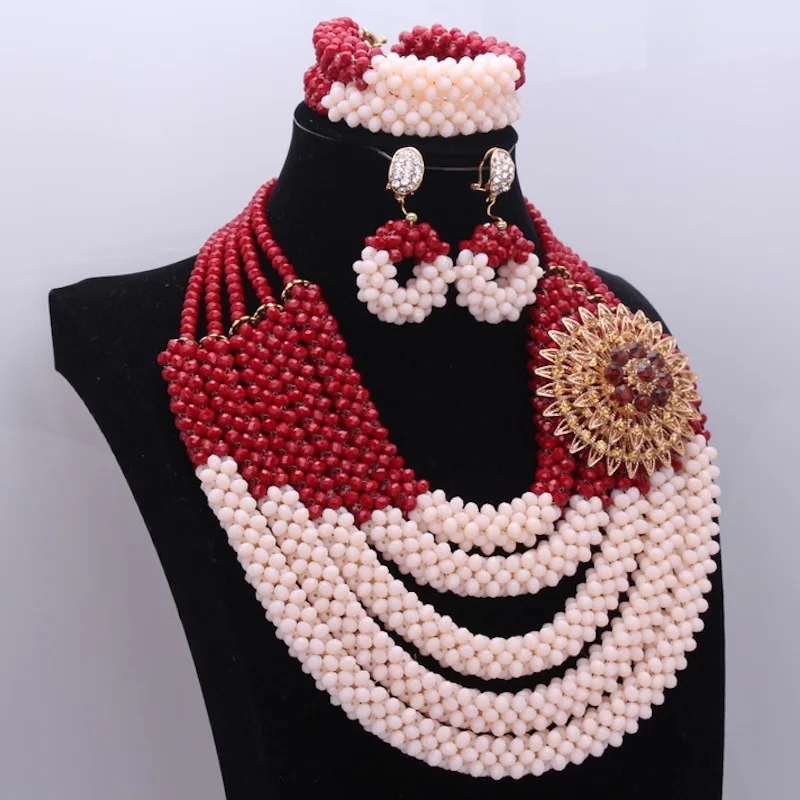 Wholesale Jewelry Women African Beads Wine &amp Beige Nigerian Wedding Necklace Set Free Shipping 4Pics Layers 100% Crystal | Украшения и
