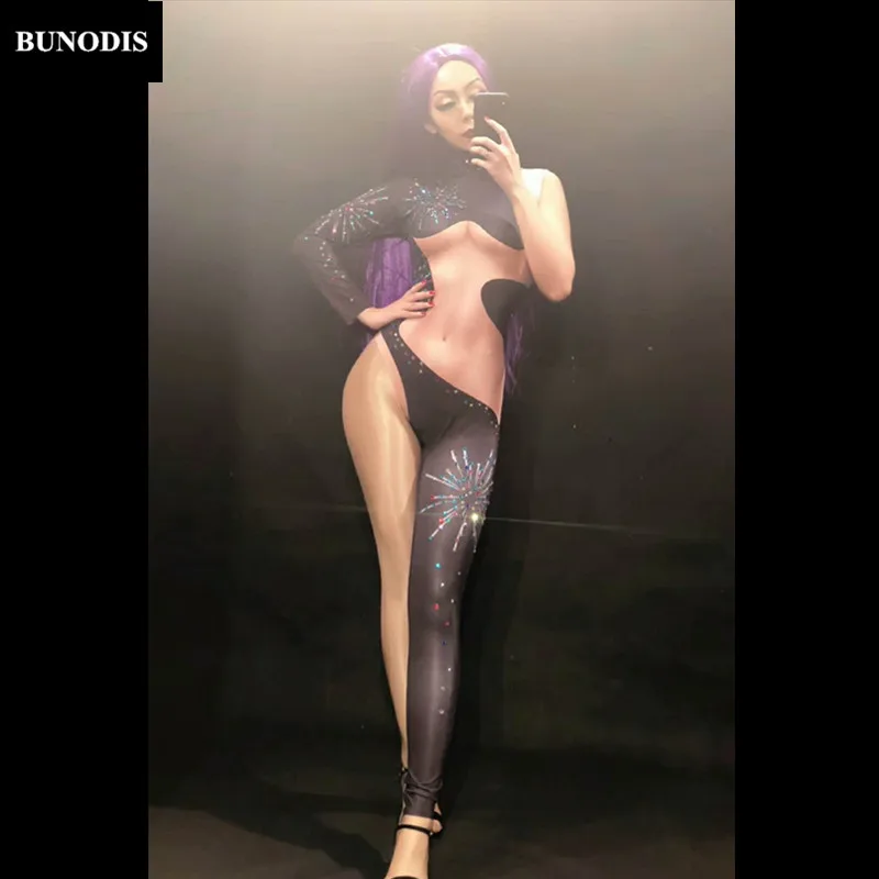 ZD176 Women Sexy Harf Naked Jumpsuit Color Sparkling Crystals One Sleeve & Trouser Legs Nightclub Party Stage Wear Bodysuit