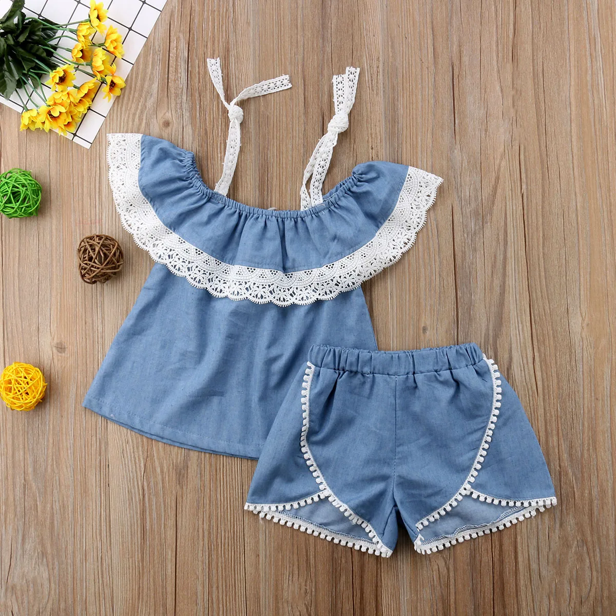2018 Brand New Toddler Kids Baby Girl Cute Summer 2PCS Sets Off Shoulder Blue Lace Belt T-Shirts Tops Solid Shorts Clothes 1-6T | Мать и