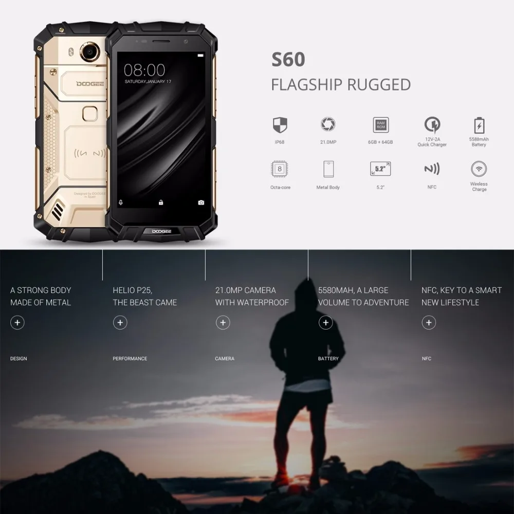 DOOGEE S60, iP68, 4G, мобильные телефоны, Android 7,0, 6 ГБ ОЗУ, 64 Гб ПЗУ, восьмиядерный смартфон, 1080 P, Беспроводная зарядка, 5,", NFC, сотовый телефон