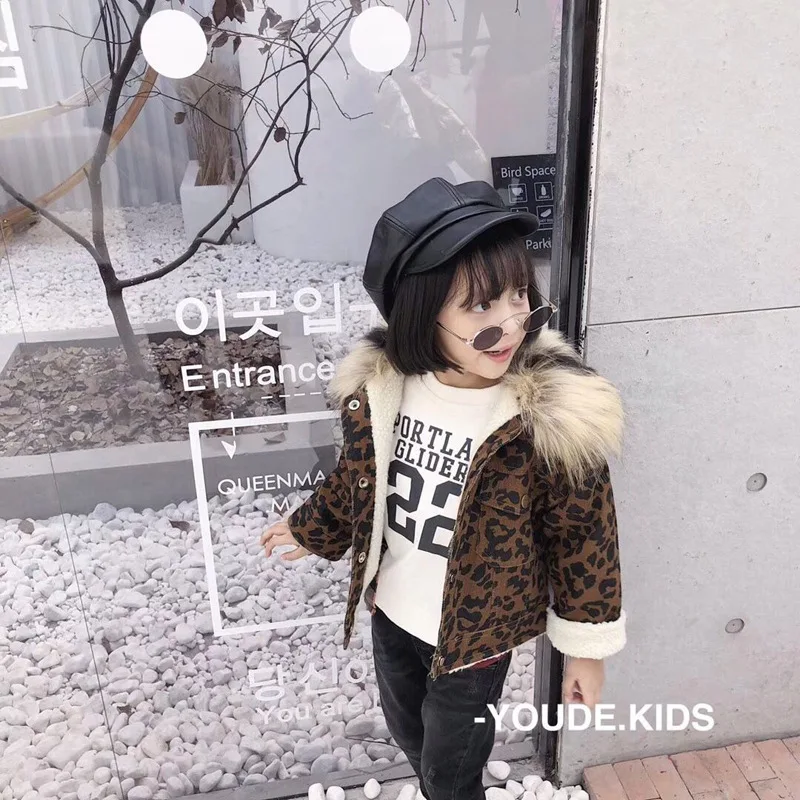 2018 winter new girls leopard lapel lambskin inner jacket fur collar short thick coat | Детская одежда и обувь