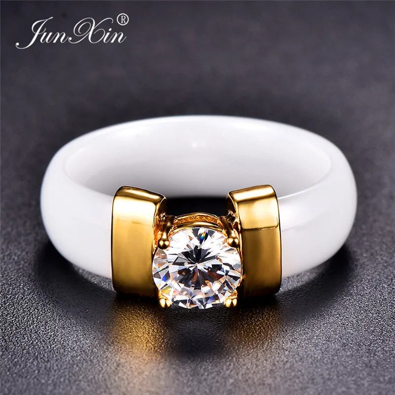 Junxin золото/серебро цвет керамические кольца для мужчин и женщин Bling Стразы кольцо черный белый хип хоп ювелирные аксессуары подарок - Цвет основного камня: White Gold