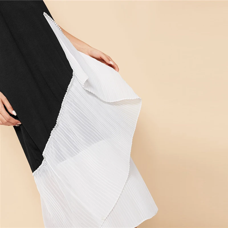SHEIN Черное и белое Плиссированное длинное летнее скромное платье, женское весенне-летнее платье свободного кроя с цветными блоками
