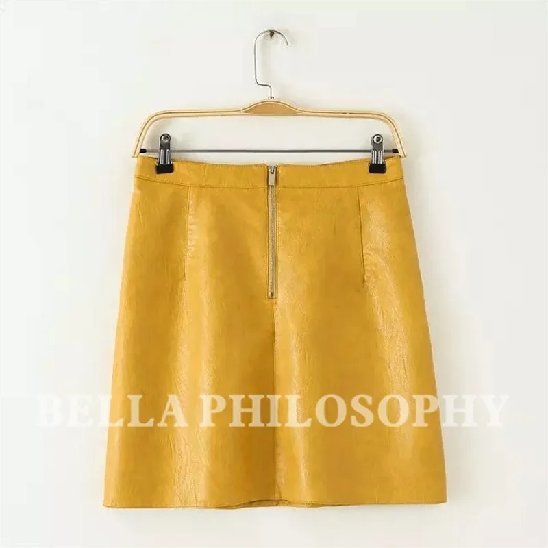 Bella philosophy, Весенняя новинка, искусственная кожа, Женская юбка с высокой талией, розовая, желтая, черная, с молнией сзади, с карманом, мини-юбка