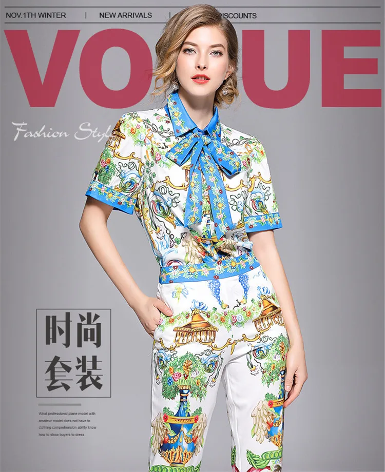 BLLOCUE High Quality Summer Fashion Designer Runway Suit Set 2 Piece Set Women's Long Sleeve Bow Shirt+ Vintage Pants Set